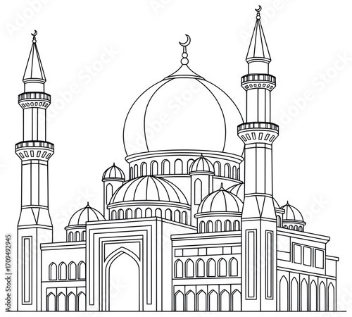 Mosque vector illustration with large central dome smaller domes tall minarets and arched entrances created in detailed architectural black and white line art style