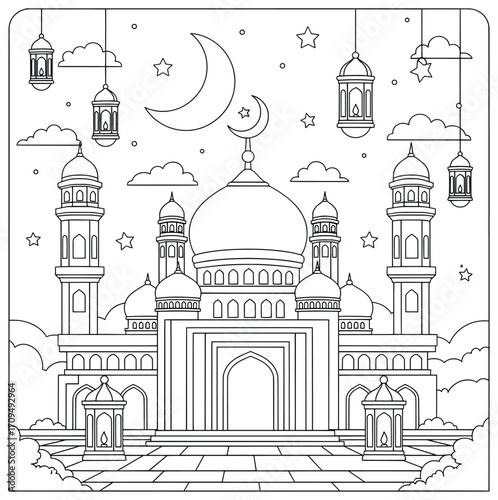 Mosque vector illustration with domes minarets crescent moon hanging lanterns stars and clouds in night sky created in decorative black and white line art style