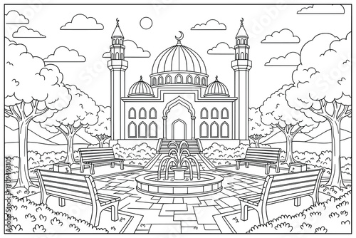 Mosque vector illustration with domes minarets garden courtyard benches fountain and trees under cloudy sky created in decorative black and white line art style