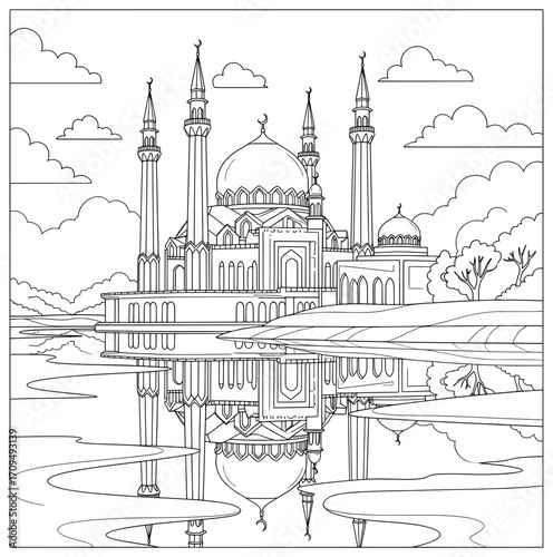 Mosque vector illustration with domes tall minarets reflection in water trees and cloudy sky landscape background created in detailed black and white line art style