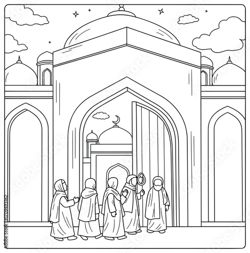 Mosque vector illustration with domes arched entrance and group of people entering under cloudy sky with stars created in decorative black and white line art style