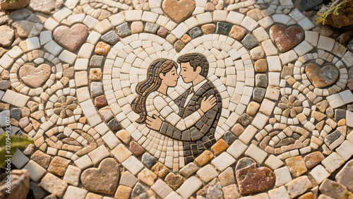 Handcrafted Mosaic Pathway Featuring a Romantic Couple Embracing Within a Heart Shaped Stone Pattern in a Garden Setting