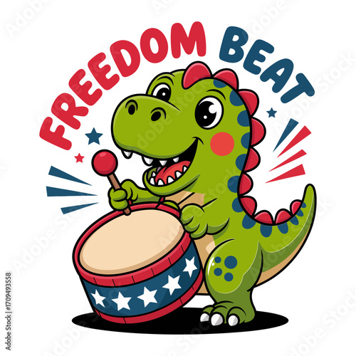 Freedom beat dinosaur vector illustration, patriotic drum cartoon design, cheerful independence celebration art, festive holiday graphics, liberty themed elements