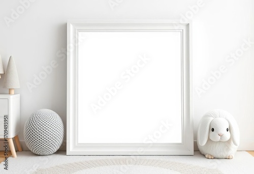 White bunny in minimalist nursery frame mockup, graphics, soft