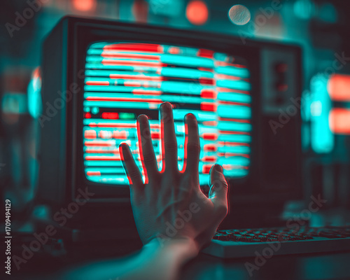 Cyberpunk concept of a hand touching a distorted, glitched computer monitor in a dark room