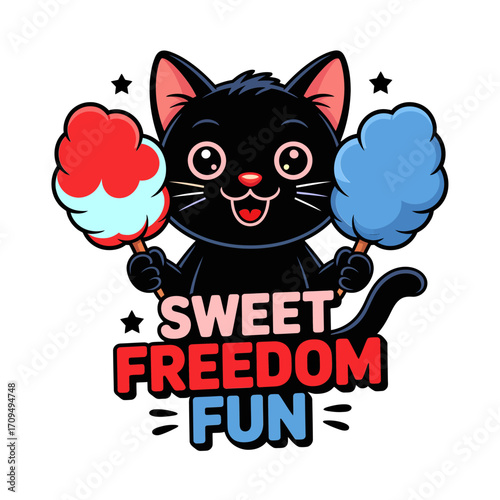 Sweet freedom fun cat vector illustration, patriotic cotton candy cartoon design, cheerful independence holiday art, festive celebration graphics, liberty themed elements