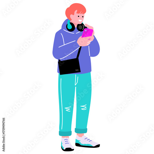 ポップでカラフルなZ世代の若者　スマートフォンを持つ男性のイラスト