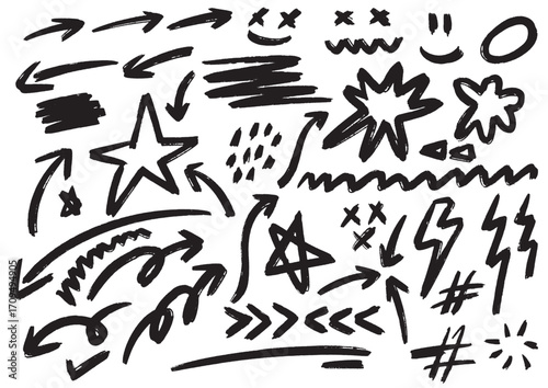 Collection of hand-drawn graphic elements, including arrows, stars, smiley faces, lightning bolts, and hash symbols, perfect for diverse design projects and artistic expressions