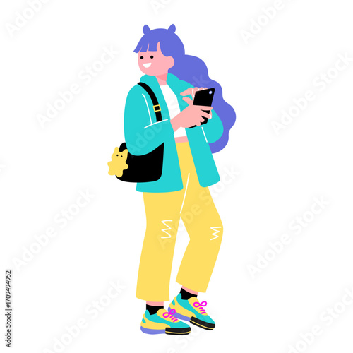 ポップでカラフルなZ世代の若者　スマートフォンを持つ女性のイラスト