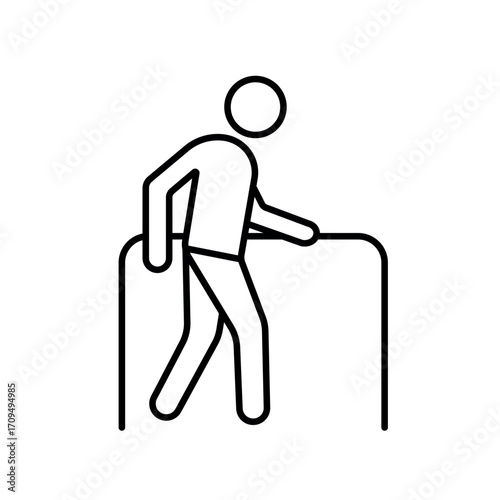 A vector icon of an elderly person with a cane, representing rehabilitation and physical therapy, created in line style with editable stroke