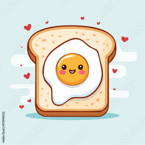 Adorable happy fried egg on toast with hearts, perfect for breakfast or food-themed designs