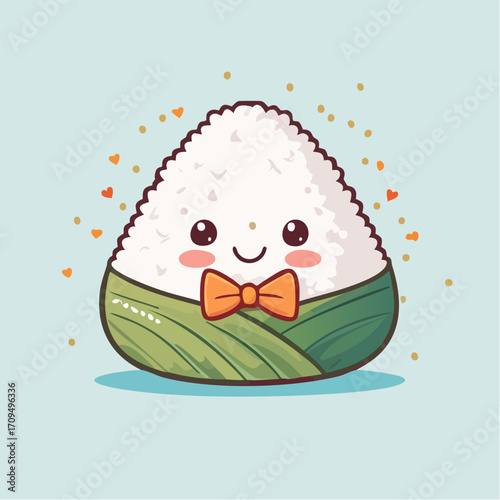 Adorable onigiri rice ball character wearing a bow tie, radiating joy and charm for food lovers.