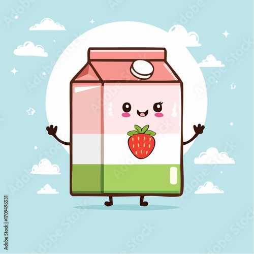 Adorable strawberry milk carton character waving hello with a happy smile and cute clouds