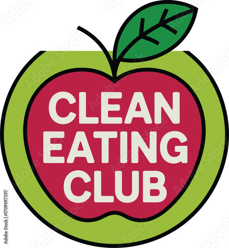 A graphic of an apple with the words clean eating club inside, outlined in green with a green leaf