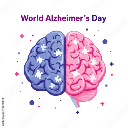 Flat vector illustration of a human brain with missing puzzle pieces and text World Alzheimer’s Day, symbolizing memory loss and dementia awareness on a clean white background