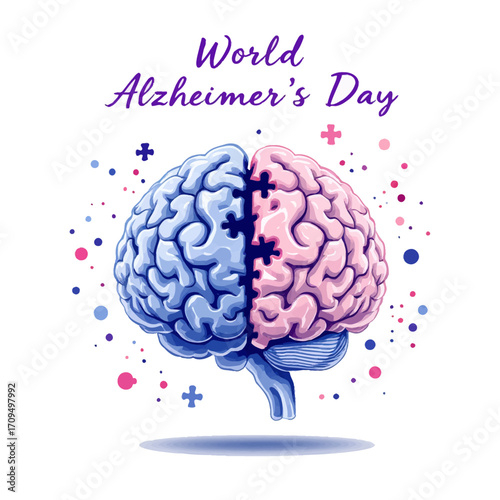 Flat vector illustration of a human brain with missing puzzle pieces and text World Alzheimer’s Day, symbolizing memory loss and dementia awareness on a clean white background