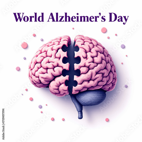 Flat vector illustration of a human brain with missing puzzle pieces and text World Alzheimer’s Day, symbolizing memory loss and dementia awareness on a clean white background