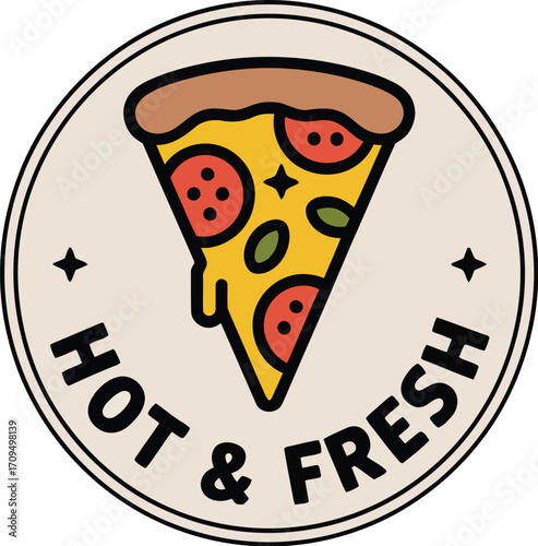 A cartoon pizza slice with pepperoni and olives inside a circle with the words hot and fresh around it