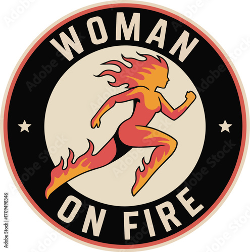 Illustration of a woman on fire running inside a circular badge with stars on a white background