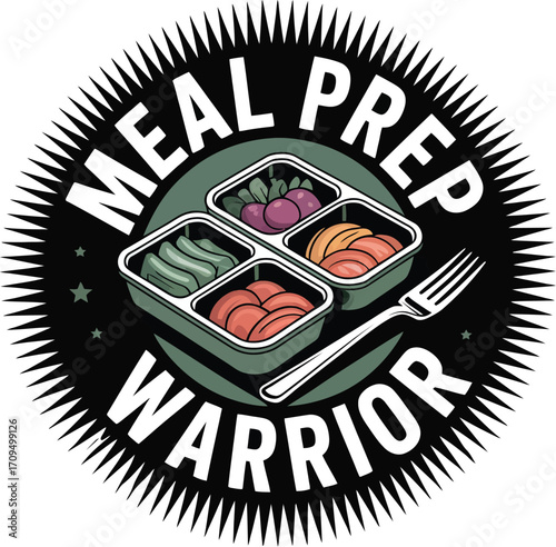 A meal prep warrior logo featuring food containers and a fork in a circular design with spikes around it
