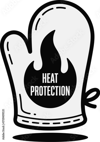 A cartoon oven mitt with a flame design and the words heat protection on a white background