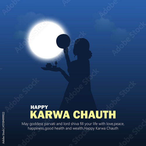 Happy Karwa Chauth Silhouette of Woman Worshipping Moon with Thali
