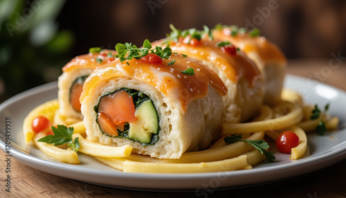 Stuffed crepes with meat sauce on wood board - rustic - earthy - Italy