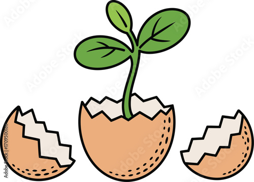 A cartoon image showing a small green plant growing out of a cracked eggshell with two shell pieces aside
