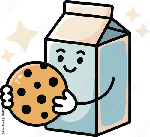 A cartoon milk carton with a smiling face holding a chocolate chip cookie with sparkles around it