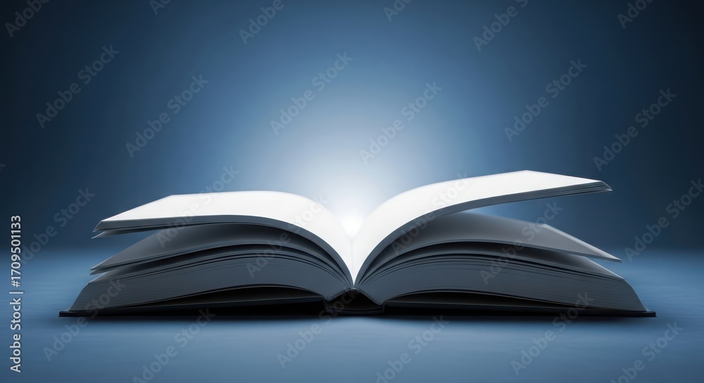 Fototapeta premium Open book with glowing pages on a blue background, symbolizing knowledge and imagination