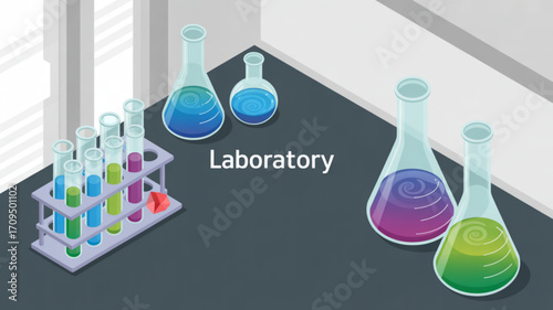 Laboratory equipment science research lab with beakers and test tubes for scientific experiments