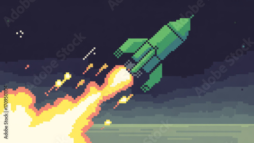 Pixel art rocket ship launch illustration retro style space exploration and future technology concepts design