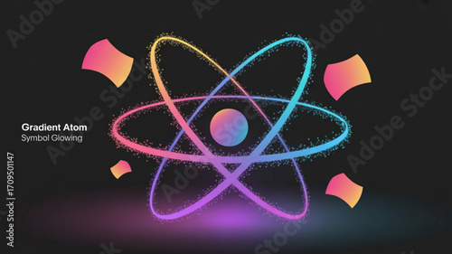 Glowing atom model with gradient colors science and technology representation for education and design 3d render
