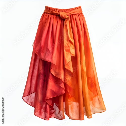 Flowing ombre chiffon skirt with tied waist detail isolated on white background