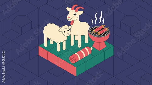 Isometric illustration featuring a sheep, goat, barbecue grill, and a sausage on a tiled surface