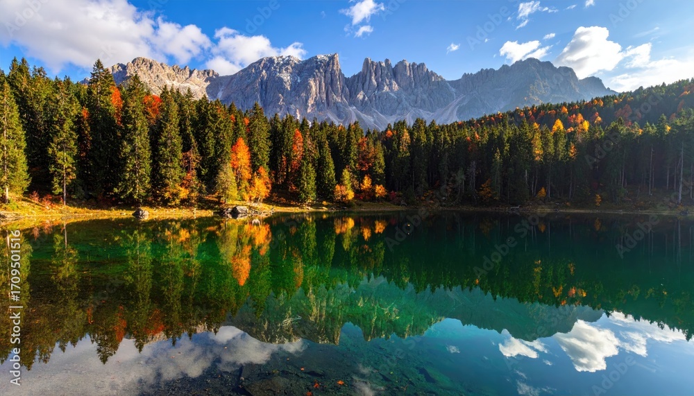 Fototapeta premium Mountain Lake Reflection with Autumnal Forest Landscape and Rocky Peaks Under Blue Sky In Daylight