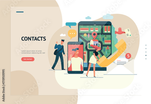 E-commerce information vector graphic A “Contacts” scene with people interacting via a phone screen, on a light background