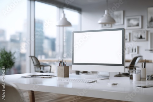 blurred background of a modern office interior with a white desk and computer monitor mockup, a minimalist work space for a graphic designer or web developer, with copy space.