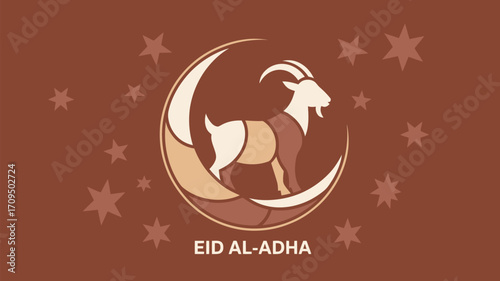 Illustration of a goat inside a crescent moon with stars on a brown background for eid al adha