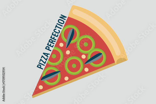 A stylized pizza slice with red sauce, green pepper rings, and dark blue toppings on a light background