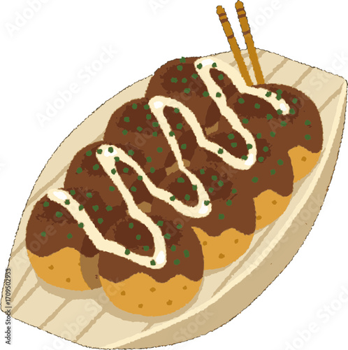 Delicious Takoyaki Japanese Street Food Illustration.