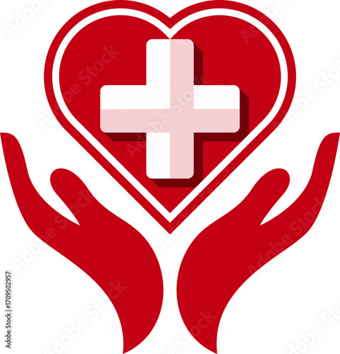 Healthcare and medical support symbol with hands and heart.