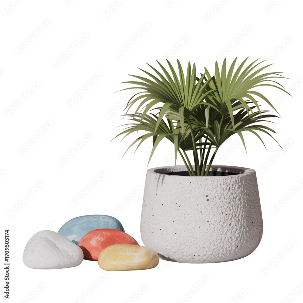 Obraz premium A small palm plant in a textured white ceramic planter on transparent background