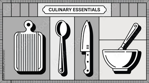 A graphic illustration of culinary essentials featuring a cutting board spoon knife and mixing bowl