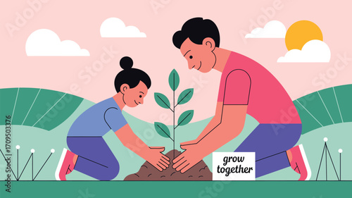 Illustration of a parent and child planting a tree together in a field under a sunny sky with clouds