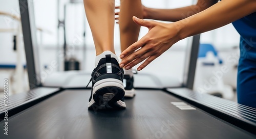 Physical therapist assists patient walking on treadmill for rehabilitation and exercise