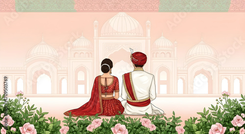 Indian wedding invitation card design template hindu wedding couple illustration with taj mahal background