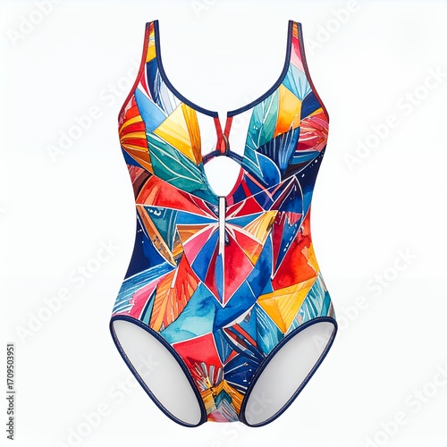 Abstract colorful swimsuit with geometric shapes on a pristine white background