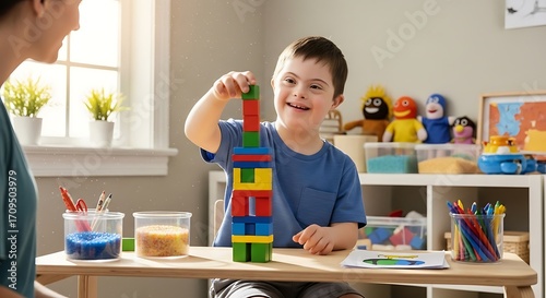 Joyful child with down syndrome building tower with colorful blocks in classroom with teacher