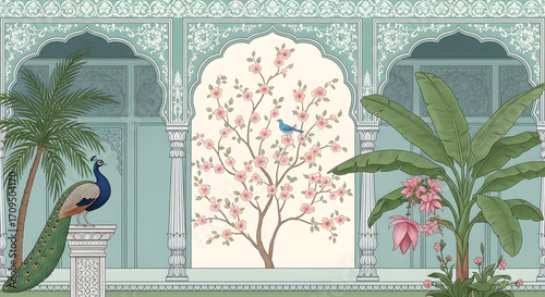 Exotic indian palace garden with peacock tree and banana plant illustration wallpaper design art print